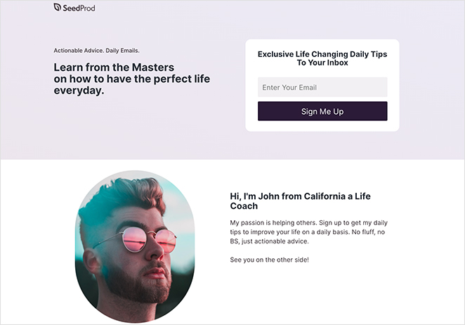 Squeeze page example for online coaches