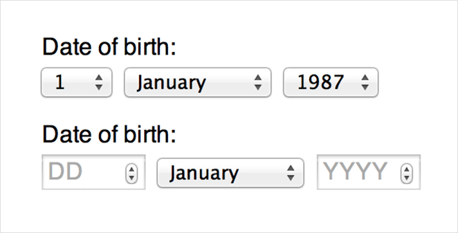 Date of birth form fields on desktop