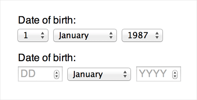 Champs du formulaire de la date de naissance sur le bureau