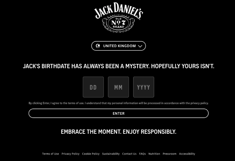 Jack Daniel's: 生年月日入力による年齢確認 スプラッシュページ