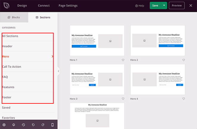 Les sections de la page d'atterrissage de SeedProd