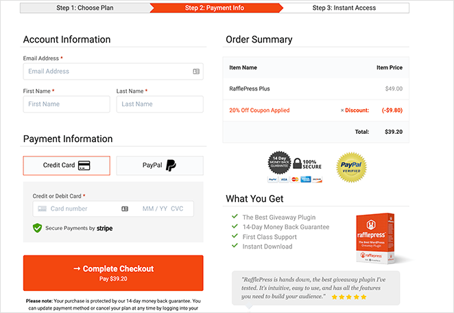 RafflePress checkout landing page