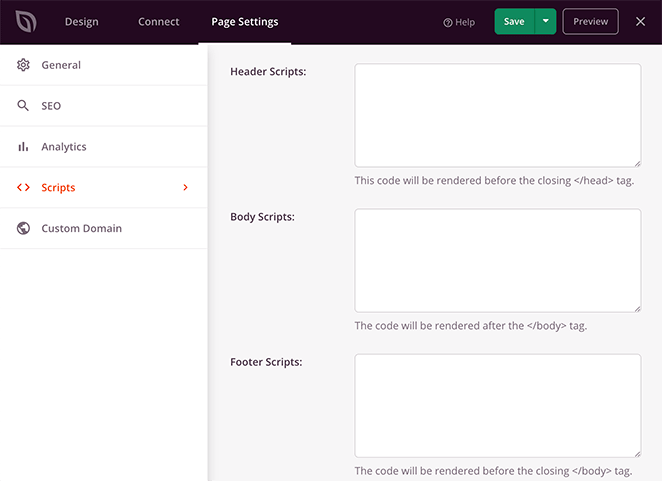 paramètres des scripts de la page d'atterrissage