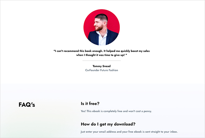 Squeeze page testimonials and FAQ