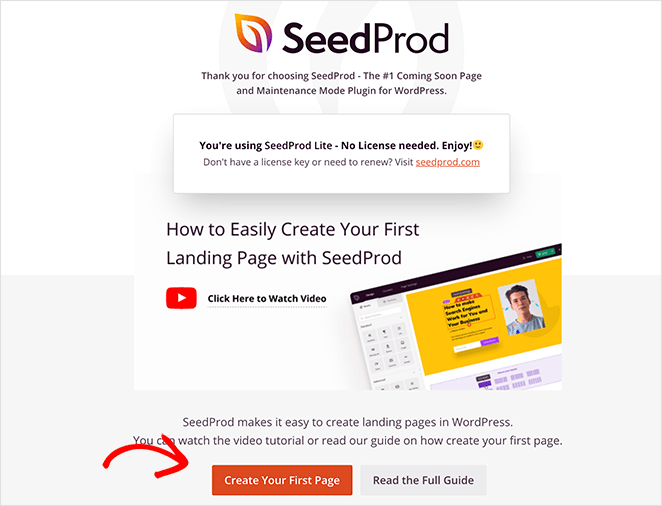 SeedProd free landing page builder welcome screen