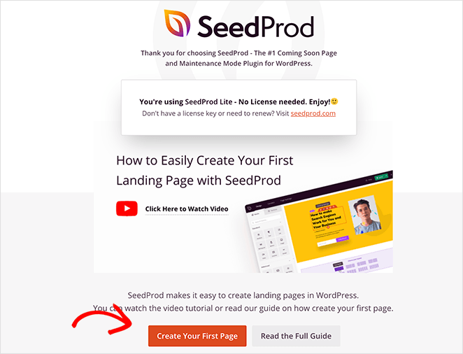Createyourfirstfreelandingpage SeedProd SeedProd free landing page builder welcome screen