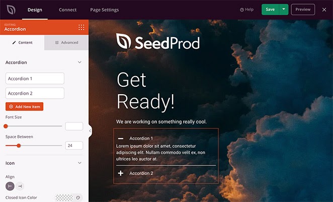 SeedProd accordion block for landing pages