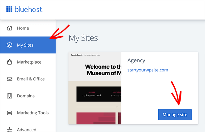 Click the manage site button to manage your bluehost website.