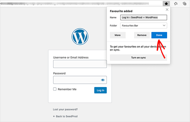 How to bookmark the WordPress login page URL with Microsoft edge