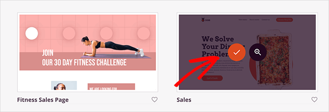 click the tick icon to choose a landing page template
