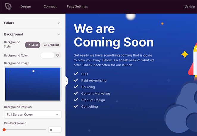 customize your coming soon page background in the global settings