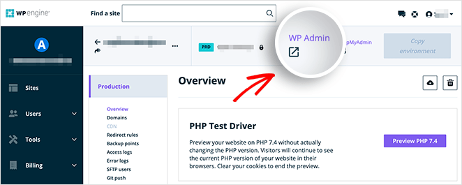 WP Engine shortcut to the WordPress admin area