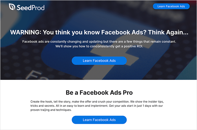 WordPress-facebook-landing-page-example - SeedProd Facebook landing page made in WordPress