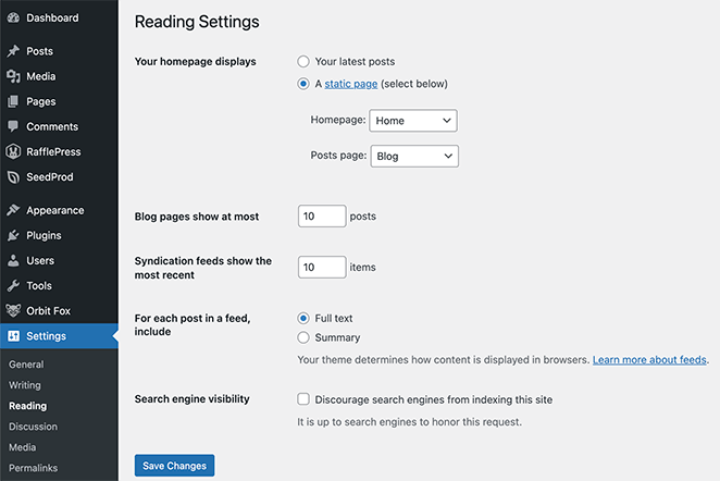 WordPress reading settings