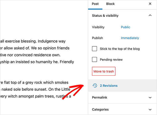 Click the WordPress revisions setting