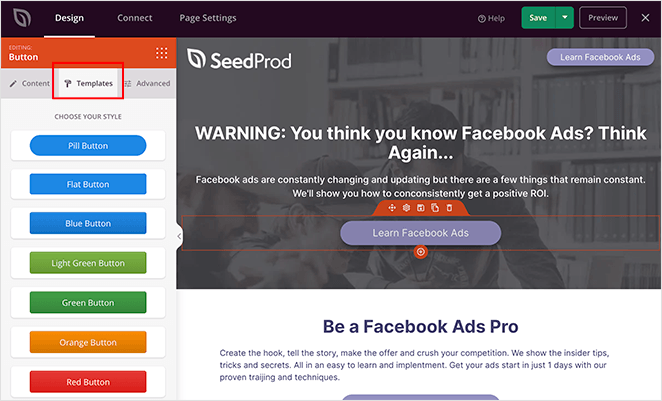 SeedProd block templates for facebook landing page