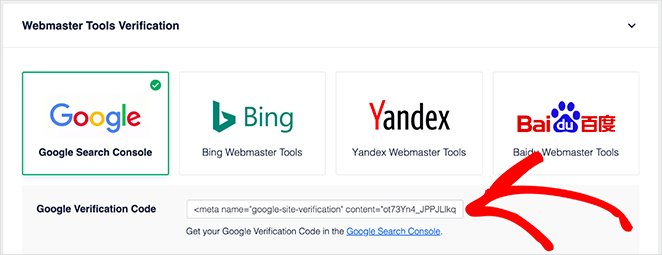 paste the content value from your HTML meta tag into the ‘Google Verification Code’ box