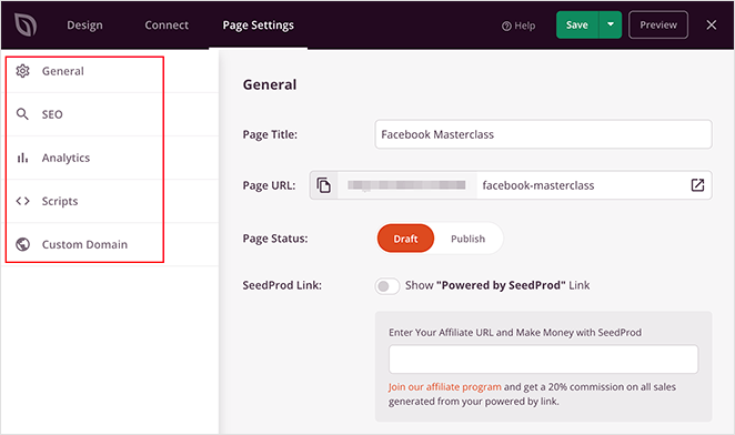 Customize your facebook landing page settings