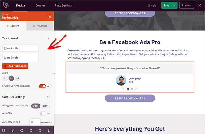 Add testimonials to your facebook landing page