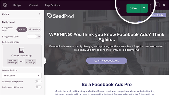 Remember to save your Facebook landing page design