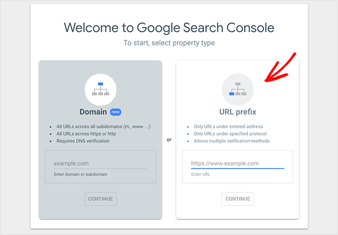 Choisissez l'option Préfixe d'URL de la console de recherche Google