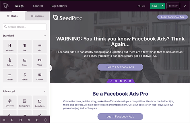 Your template opens in SeedProd's drag and drop landing page builder.