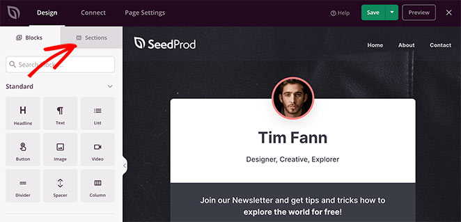 Click the sections tab to add pre-made areas to your GetResponse landing page