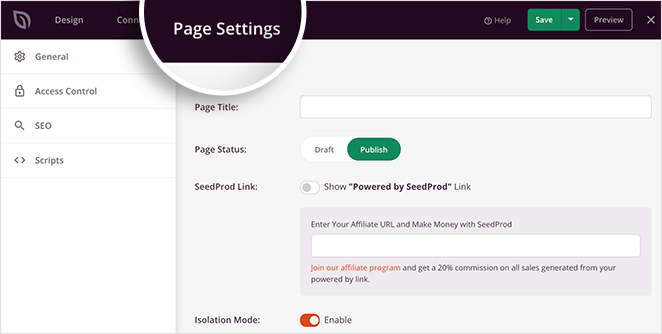 Enter SeedProd's page settings area