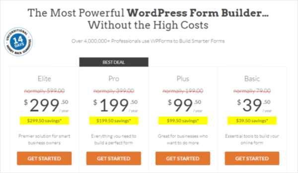 wpforms pricing page for review