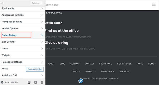 Find the footer section in the WordPress theme customizer