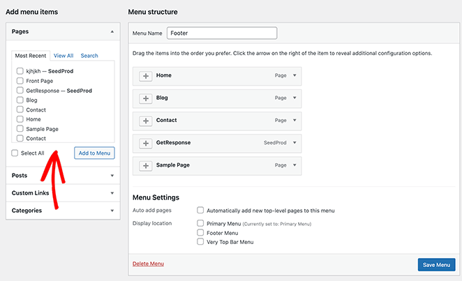 Add posts, pages, and categories to your new menu