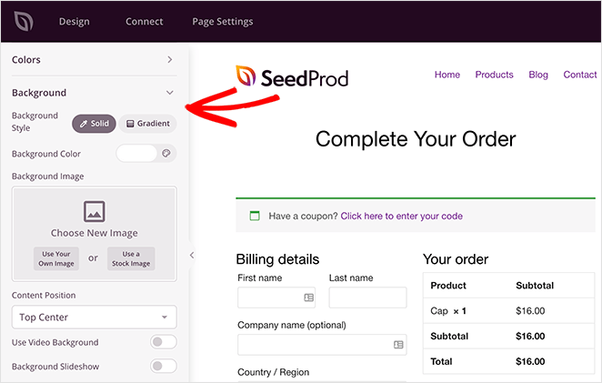 Customize the woocommerce checkout page background settings