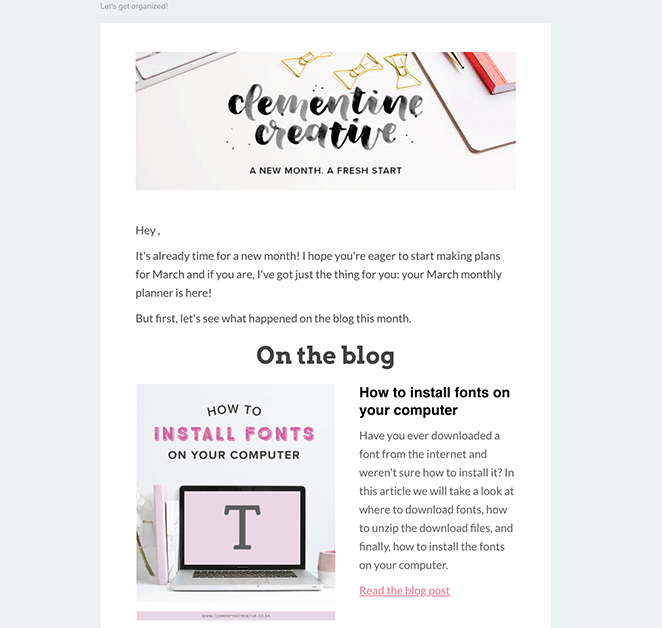 Blog post email newsletter example