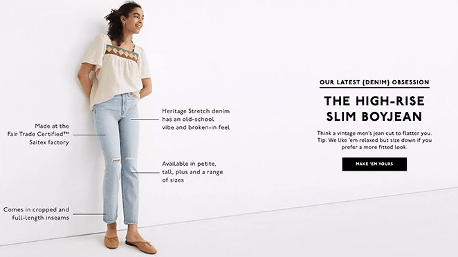 Exemples d'appels à l'action chez Madewell