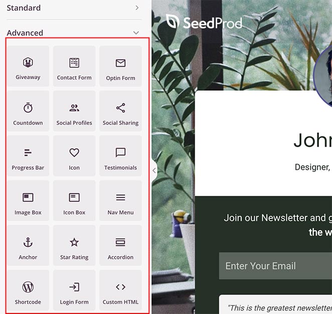 SeedProd landing page blocks