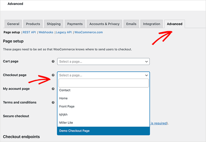 Assign your checkout page in WooCommerce settings