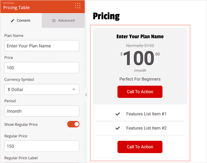 SeedProd pricing table block