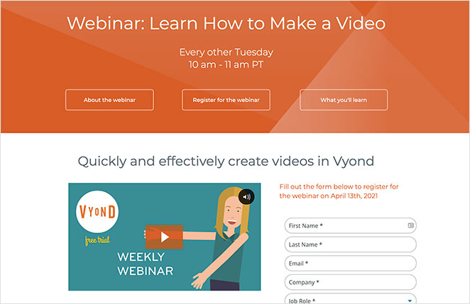 Vyond webinar registation page example