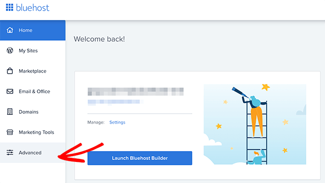 bluehost-adanced-tab - SeedProd Click the Adanced tab in Bluehost