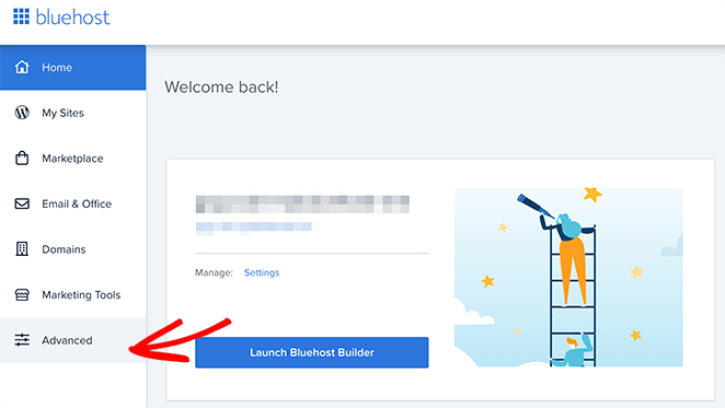 Click the Adanced tab in Bluehost