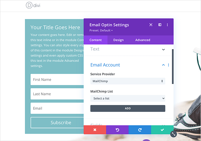 Divi email optin settings