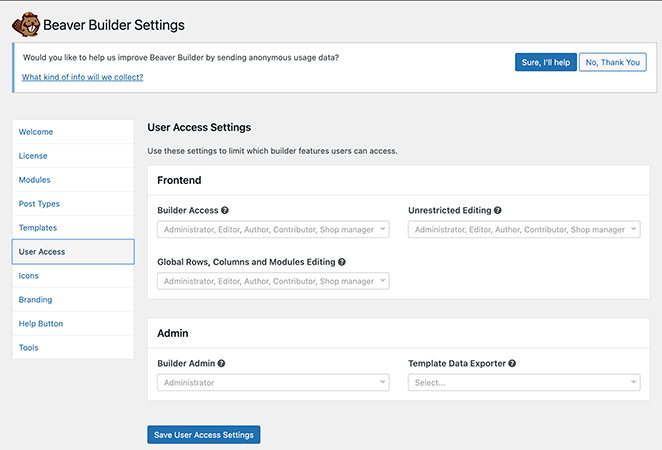 beaver builder user access