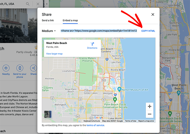 Copy the google maps embed code