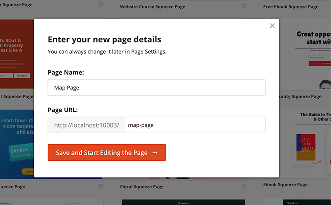 Enter a landing page name and URL