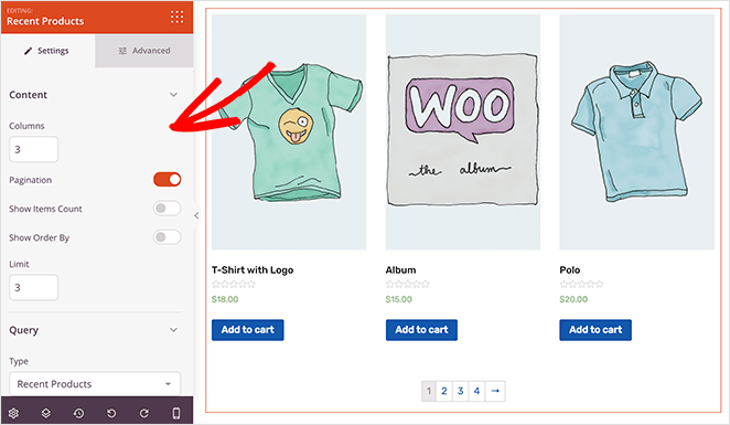 Recent products WooCommerce block settings
