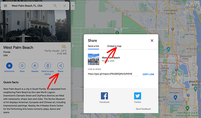 Search on google maps and click the share button