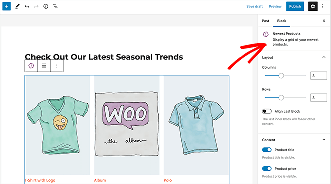 woocommerce-newest-products-WordPress-block-settings - SeedProd WooCommerce Newst Products WordPress block settings