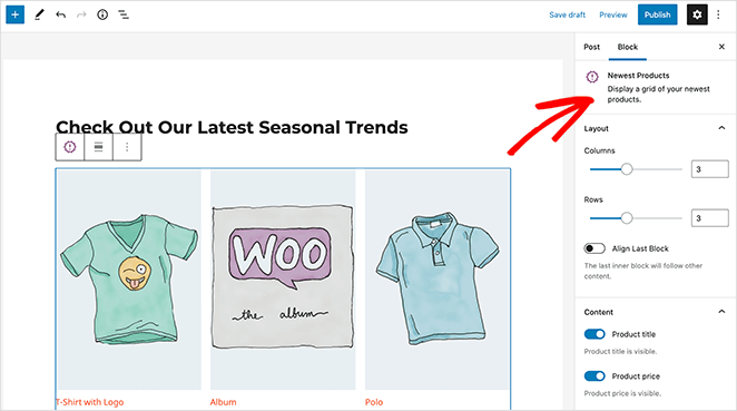 WooCommerce Newst Products WordPress block settings