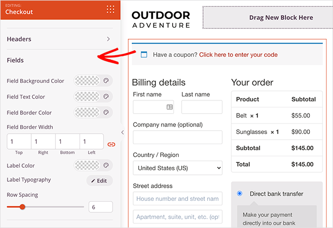 Customize the checkout settings