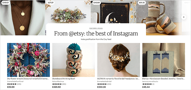 Exemple de page d'atterrissage Instagram pour Etsy